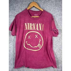 Nirvana Smiley Face T Shirt Magenta Washed Graphic Tee Large‎